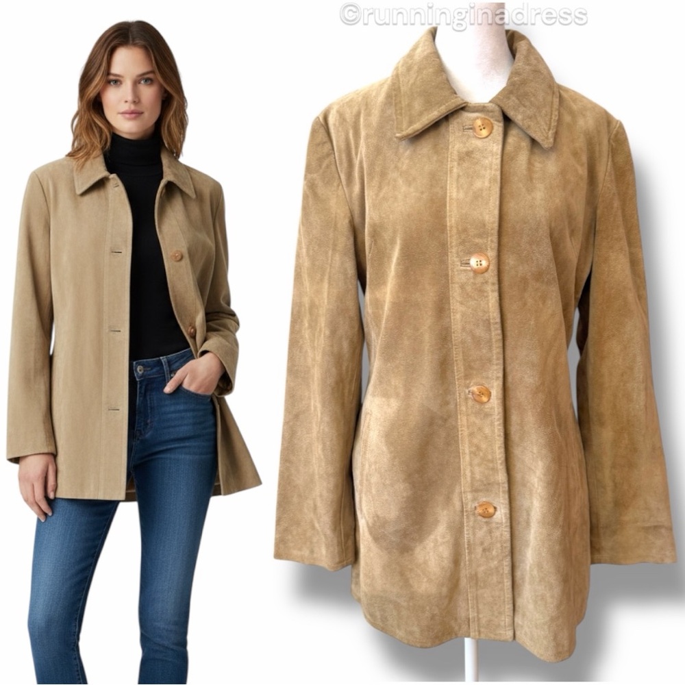Vintage 90s Rem Garson Tan Suede Leather Car Coat Minimalist Mid-Length Jacket